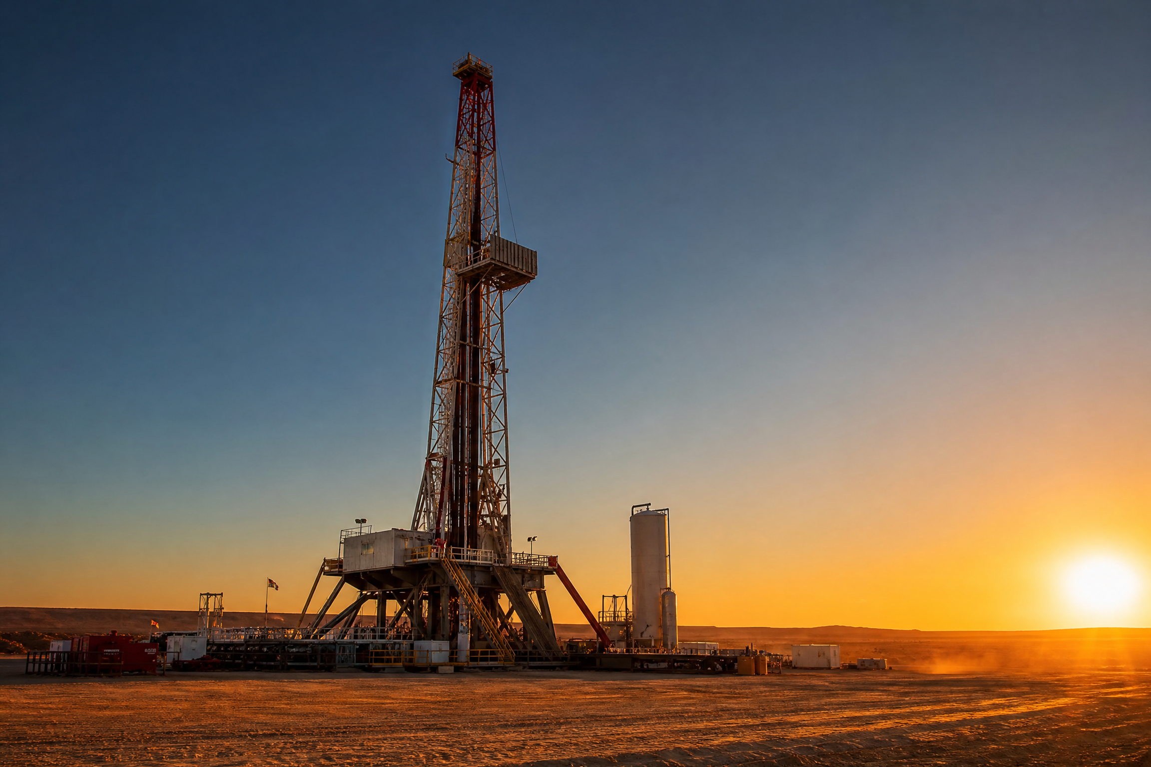 Desert land drilling rig at sunset